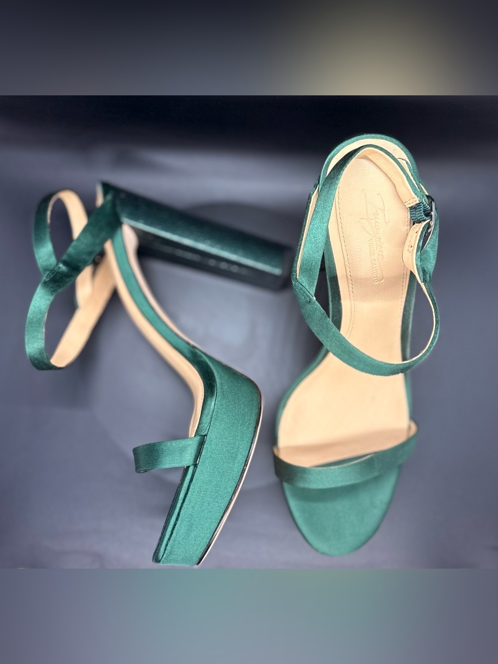 Vince Camuto Emerald Satin Platform Block Heel Sandals